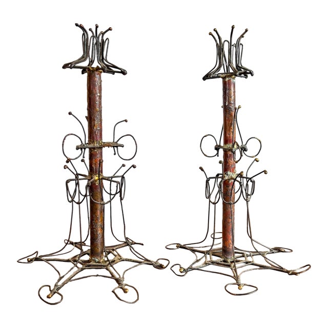 Pair of Vintage Handcrafted Welded Metal Candle Holders For Sale