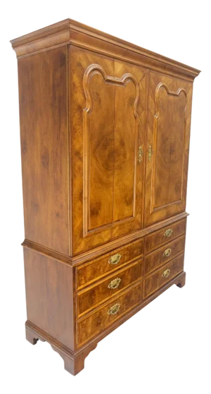 Henredon Burl Wood Walnut Linen Press Lighted Cabinet Credenza Hutch Secretary