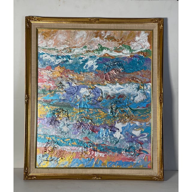 Abstract heavy impasto mixed media on canvas painting signed Connie, in an antique gold tone frame.