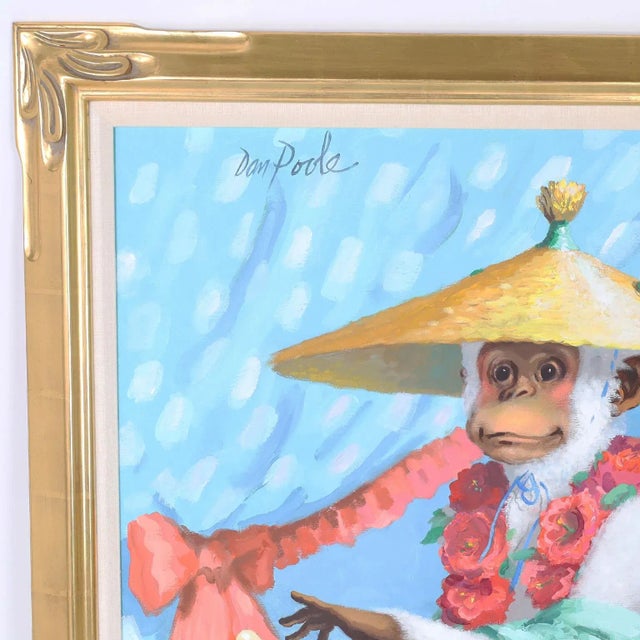 English Pair of Fanciful Paintings on Canvas of Monkeys For Sale - Image 3 of 13