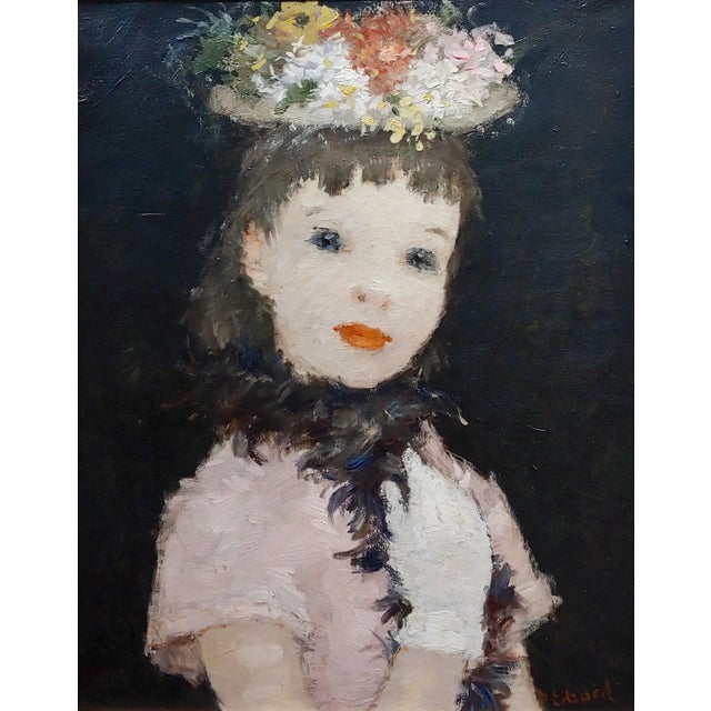 Dietz Edzard -Portrait of a Girl in Pink Dress & Hat of Flowers-Oil Painting For Sale - Image 4 of 13