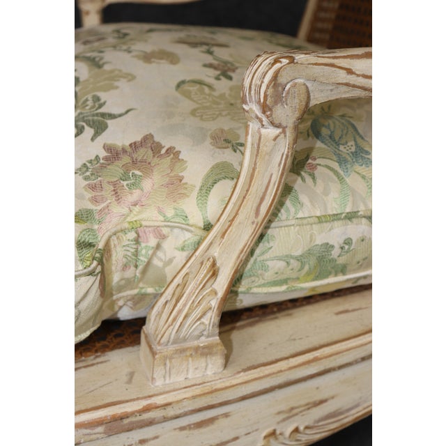 Pair Louis XV Style French Cream Distressed Painted Cane Back Armchairs For Sale - Image 14 of 16