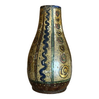 Antique Hand Turned Wood Vase Hand Painted Rustic Abstract Boho Style For Sale