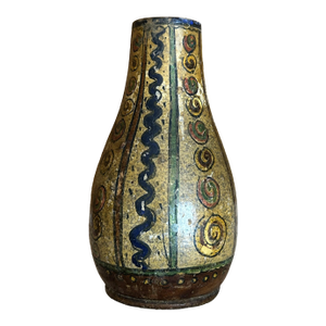 Antique Hand Turned Wood Vase Hand Painted Rustic Abstract Boho Style