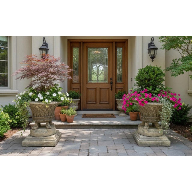 Saffron 1980s Pair of Mid-Century Neoclassical Cast Stone "Basketweave" Planters on Lion Paw Feet For Sale - Image 8 of 10