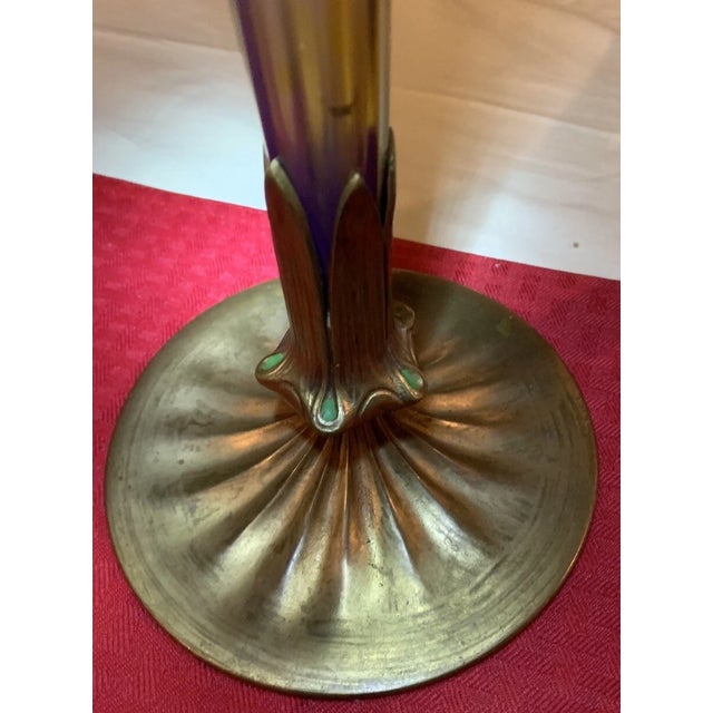 Tiffany Studios Antique 18" l.c. Tiffany Favrile Iridescent Trumpet Vase With Tiffany Furnaces Bronze Base For Sale - Image 4 of 12