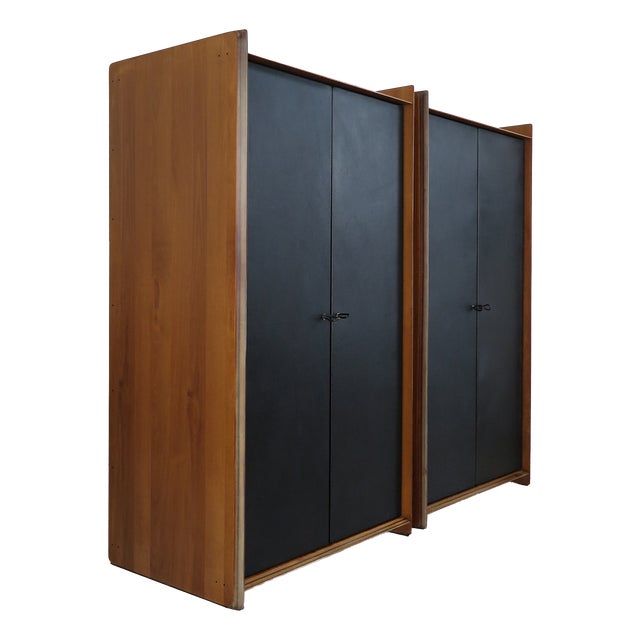 Wooden and Leather Wardrobes by Afra & Tobia Scarpa for Maxalto, Italy, 1970s, Set of 2 For Sale