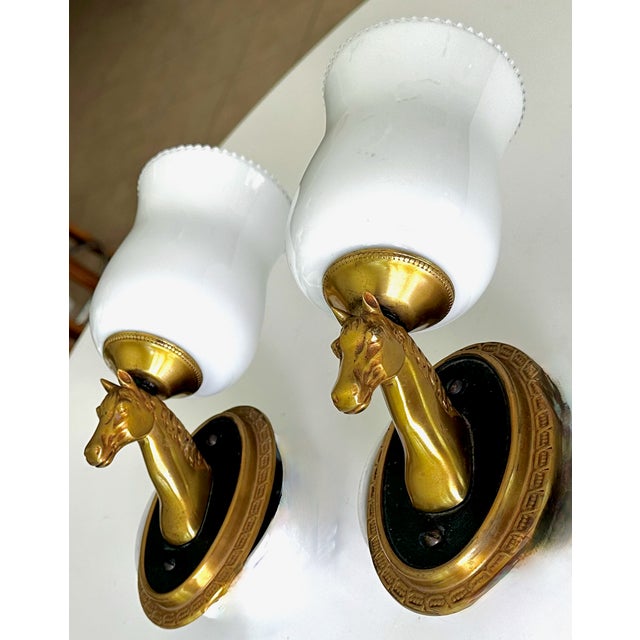 Neoclassical 1950s French Neoclassical Brass Horse Sconces Opaline Shades by Maison Lancel For Sale - Image 3 of 15