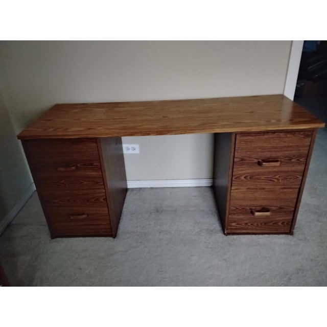 Contemporary Desk - 2 File Cabinets + Desktop Walnut Wood Portable 3 Pc Retro Wooden Desk Euc For Sale - Image 3 of 13