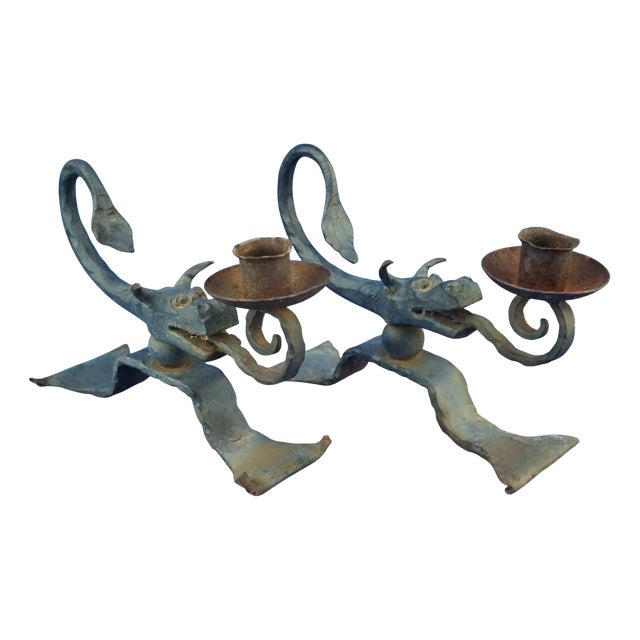 Wrought Iron Candelabras with Dragon Heads, Italy, 1920s, Set of 2 For Sale