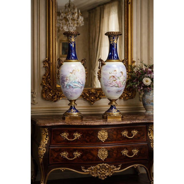 Metal 1850s Sevres Louis XVI Blue Bronze Porcelain Vases - Pair For Sale - Image 7 of 18
