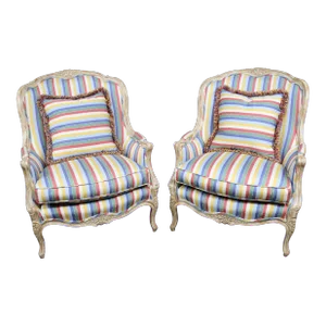 Oversized Louis XV Striped Bergeres/Pair