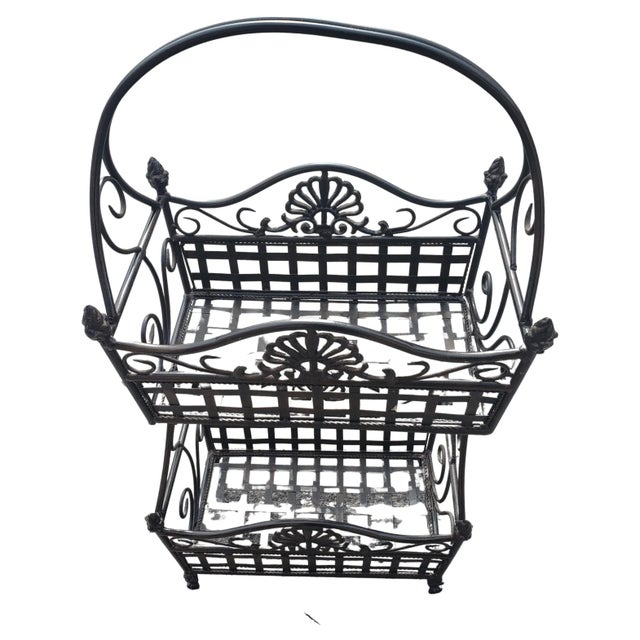 1940s Vintage Wrought Iron Two Tier Standing Basket For Sale - Image 5 of 8