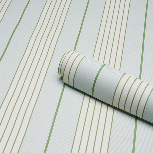 Schumacher Sample - Schumacher Audrey Stripe Wallcovering In Sky & Leaf For Sale - Image 4 of 6