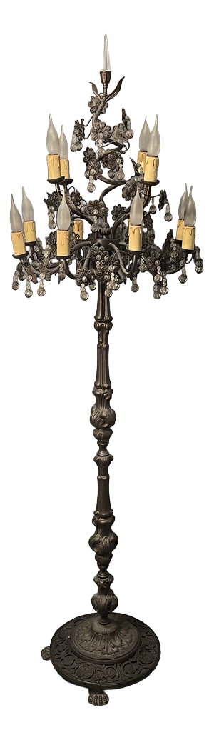 Italian Bronze and Crystal Flower Floor Lamp, 1950s