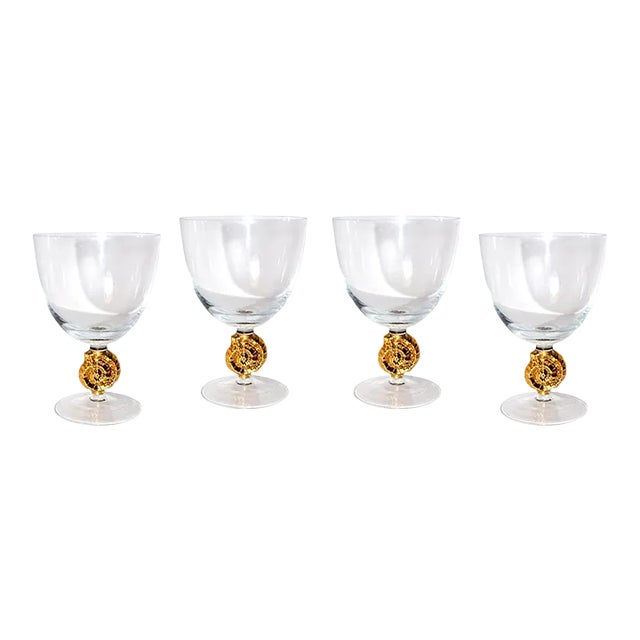Hungarian Fine Crystal Goblets With Gold Plated Glass Sea Shell Stems- Set of 4 For Sale