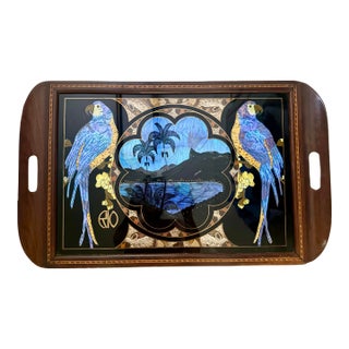 Vintage Brazilian Tray With Butterfly Wing Mosaic and Parrots For Sale