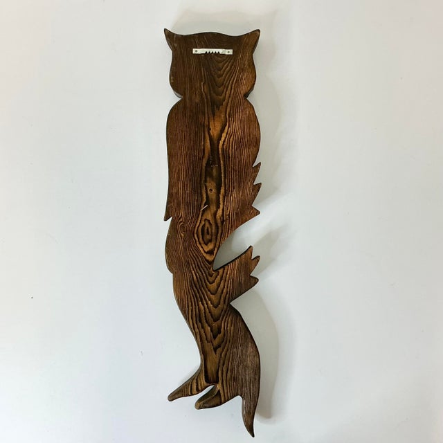 Mid-Century Boho Chic Arts & Crafts Folk Art Hand Carved Wood Owl on Branch Sculptural Wall Object For Sale - Image 11 of 18