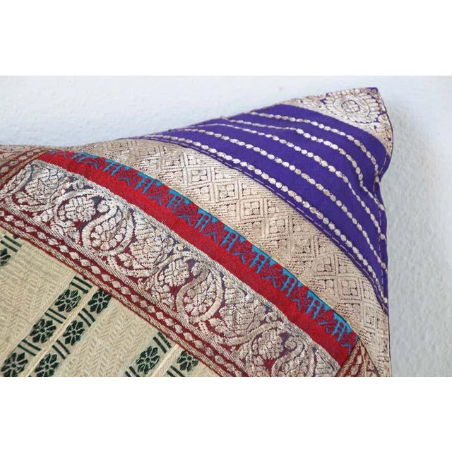 Decorative Throw Silk Pillow Made From Vintage Sari Borders, India For Sale In Palm Springs - Image 6 of 13