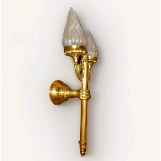 Antique 20" French Regency Brass/ Bronze Hand Held Torch Wall Sconce With Flame Shades For Sale - Image 11 of 18