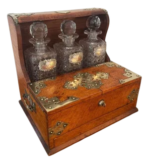 Victorian Oak Tantalus and Games Box, 1880s, Set of 9