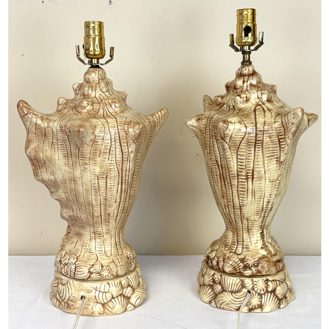1980s Vintage Ceramic Conch Shell Table Lamps C1986- A Pair For Sale - Image 5 of 18