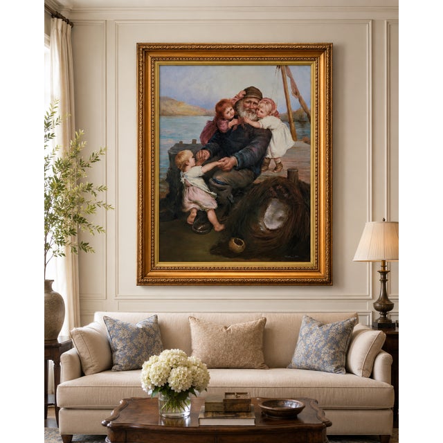 Blue Late 20th Century Large "Which Do You Love Best?" Style Oil Painting in Giltwood Frame For Sale - Image 8 of 8