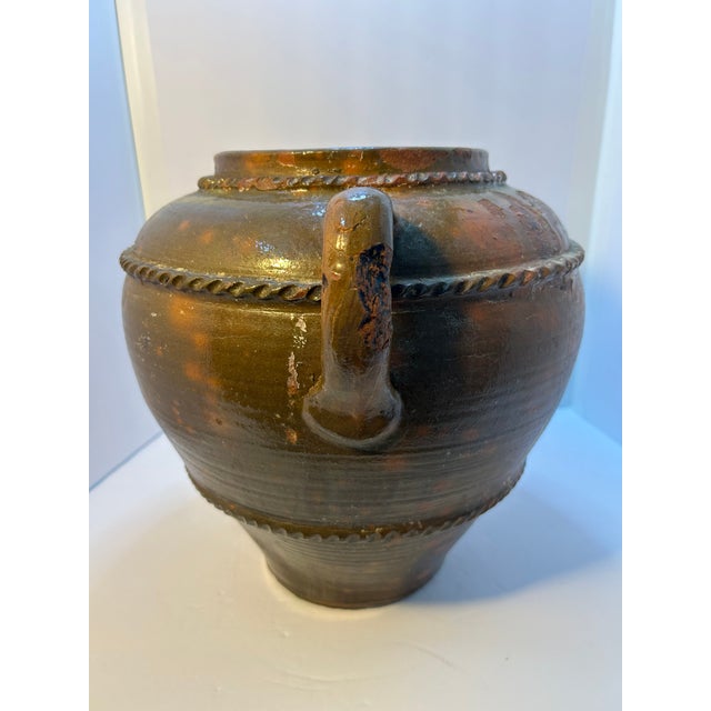1950s Large Rustic Studio Pottery Vessel With Double Handles & Rope Banding, Mottled Brown Glaze, 16” Wide For Sale - Image 4 of 4
