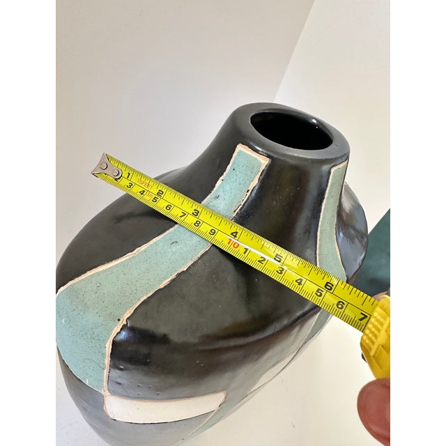 Large Signed Architectural Studio Pottery Vessel in Black, White & Celadon, Handmade Ceramic Vase For Sale - Image 10 of 11