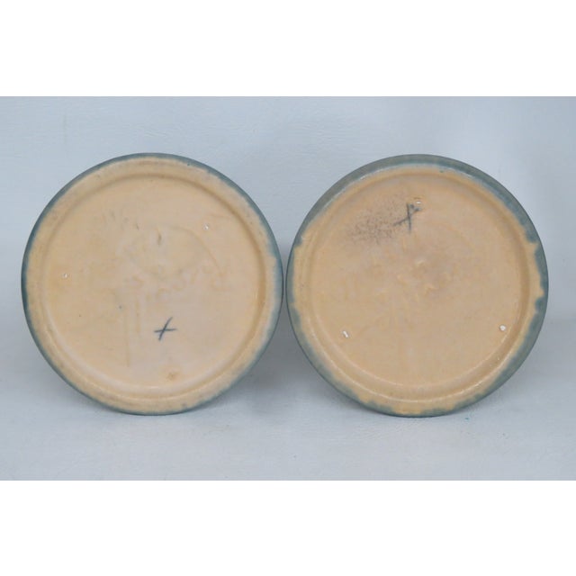 Roseville Pottery Clematis Ceil Blue Candlestick Holders 1159 a Pair 4687b For Sale - Image 13 of 15