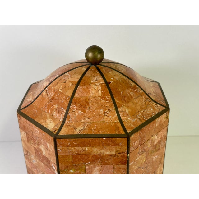 Tessellated salmon color stone jewelry / decorative box with brass accents in Maitland Smith style.