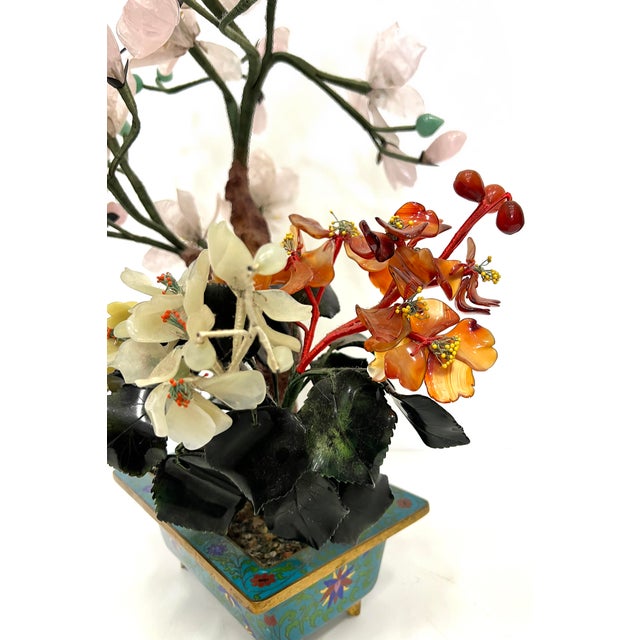 1970s Vintage Chinese Jade Precious Stone Bonsai Tree Sculpture, Cloisonné Planter For Sale - Image 5 of 12