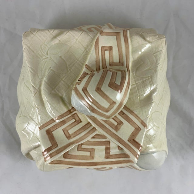 Late 19th Century Sarreguemines Majolica Trompe L’Oeil Greek Key Napkin Egg Box Pâté Terrine For Sale - Image 5 of 13