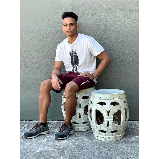 Vintage Linked Rings Glazed Ceramic Garden Stools - A Pair For Sale - Image 12 of 12