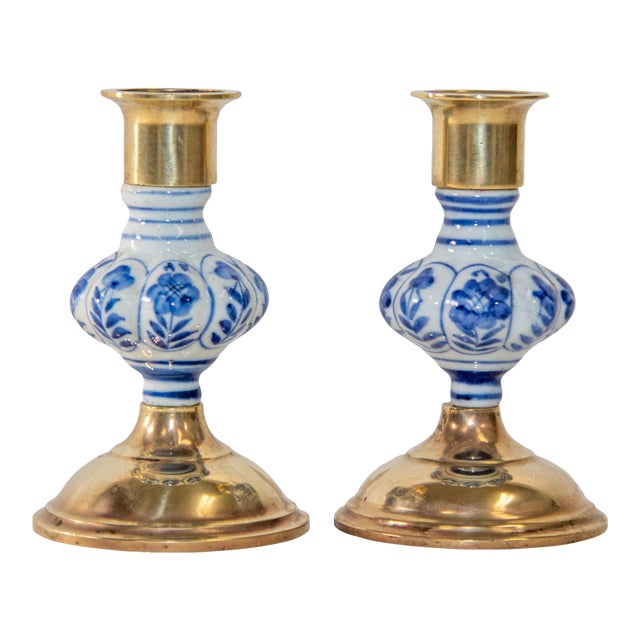 Vintage Delft Floral Blue and White Ceramic and Brass Candlesticks, a Pair 1950s For Sale