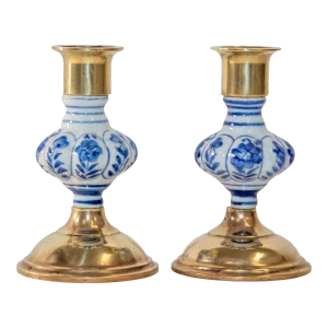 Vintage Delft Floral Blue and White Ceramic and Brass Candlesticks, a Pair 1950s