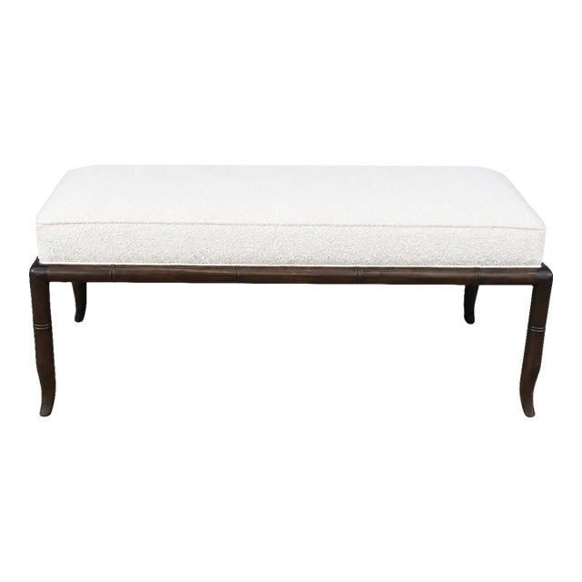 Mid Century Modern Walnut Bench White Boucle For Sale