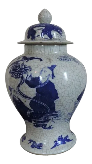 19th Century Chinese Blue & White Porcelain Vase Jar with Cover Crackle Glaze