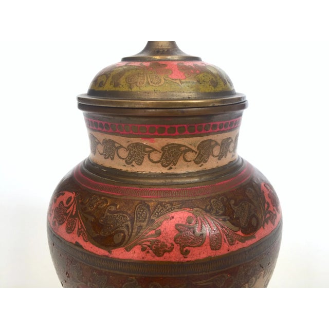 Brass Vintage Mid Century India Brass Incised Multicolor Enamel Incense Urn Lidded Jar For Sale - Image 8 of 13