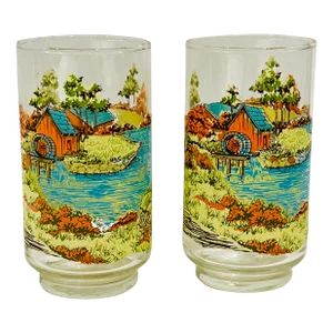 Vintage Pair of Libbey Vintage Covered Bridge Country Scene Tumblers Glassware