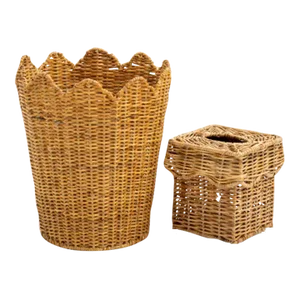 Scalloped Wicker Waste Basket and Tissue Box Set, Natural
