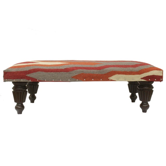 Wood Modern Handmade Kilim Upholstered Ottoman For Sale - Image 7 of 10