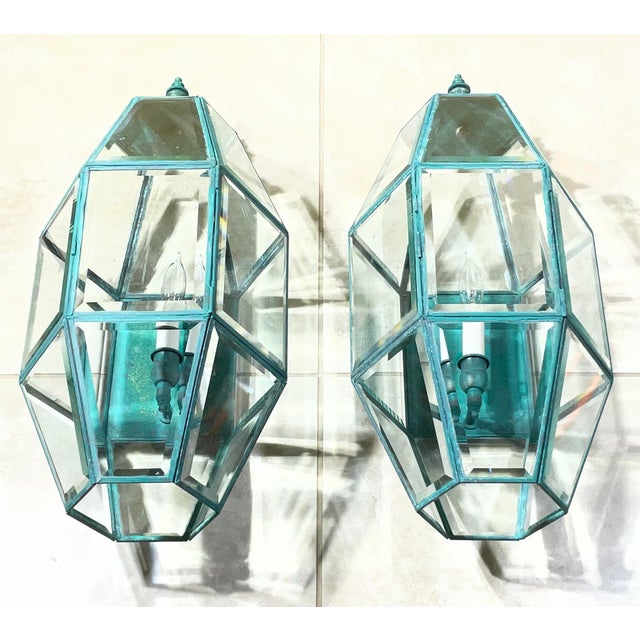 1970s Exquisite Pair of Vintage Solid Brass Hexagonal Wall Lanterns For Sale - Image 5 of 17