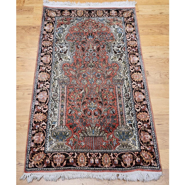 A true celebration of Anatolian artistry, this vintage Turkish silk pictorial rug captures the enchanting "Tree of Life"...
