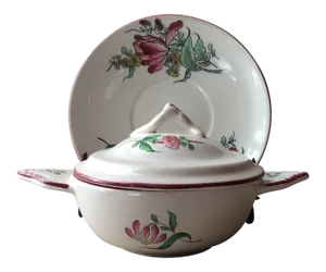 Rare French Luneville Faience Covered Pâté Dish With Underplate - K&g Old Strasbourg Pattern, C. 1920