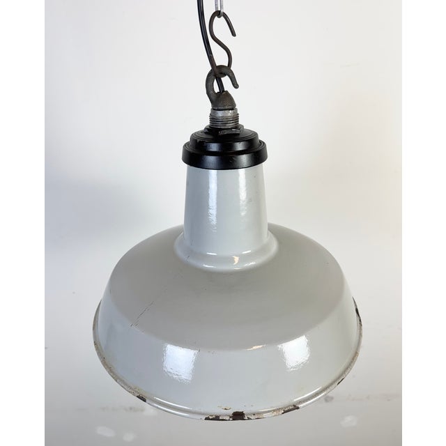Gray Industrial Grey Enamel Factory Pendant Lamp, 1960s For Sale - Image 8 of 17