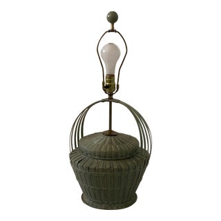 Vintage Painted Green Wicker Basket Style Table Lamp For Sale