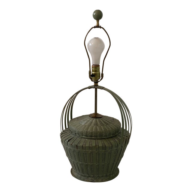 Vintage Painted Green Wicker Basket Style Table Lamp For Sale