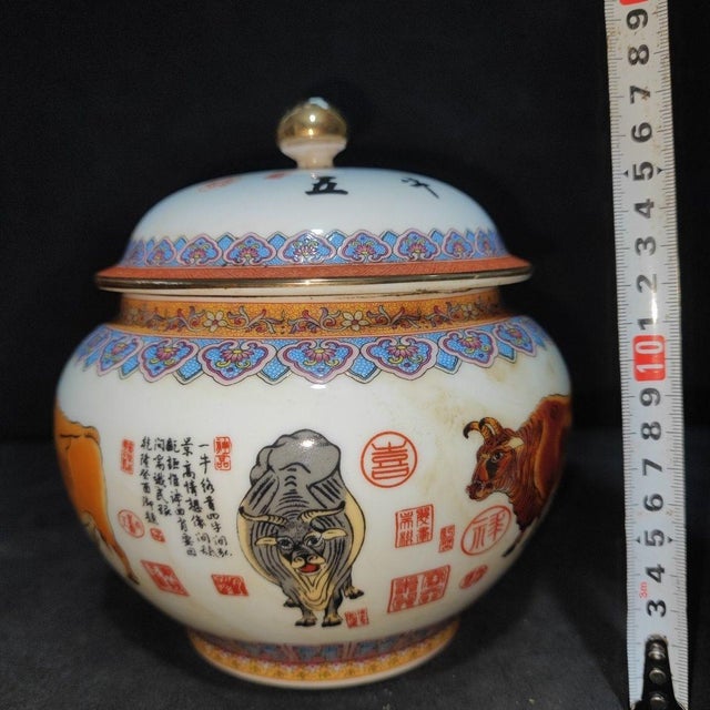 Pair of Chinese Famille Rose Porcelain Covered Jars With Five Oxen Motif For Sale In Los Angeles - Image 6 of 9