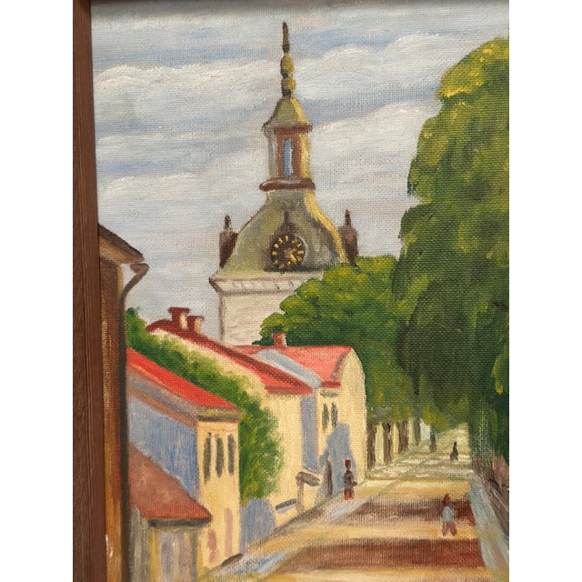 1940s Kerstin Grufman, City Street with Church Tower, 1945, Oil Painting on Panel, Framed For Sale - Image 5 of 12